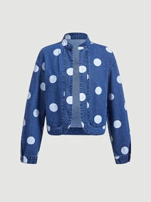 Sweetra Atasan Denim Kasual Wanita Motif Polkadot untuk Sehari-hari - Biru - View 5