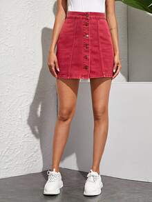 SHEIN EZwear 女款鈕扣休閒百搭日常牛仔迷你裙 - 西瓜粉 - 查看 5