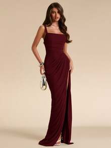 SHEIN BAE Spring/Summer Solid Sage Green Women's Strapless Ruched Fitted High Slit Ruched Maxi Mesh Dress, Tight Elegant Dress, Flowy Dress, Suitable For Vacation, Beach, Bridesmaid, Wedding, Spring/Summer Wear - Burgundy - View 7