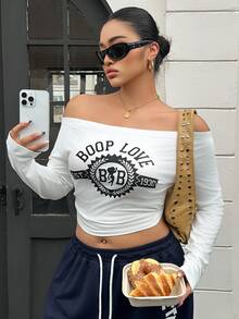 Betty Boop x DAZY Curve Plus Size Letter Print Cold Shoulder Fitted Long Sleeve White Sexy Top T-Shirt Fall Graphic Tees - White - View 6