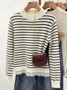 SHEIN LUNE CURVE Plus Size Women's Striped Colorblock Casual Everyday Long Sleeve Sweater - Multicolor - View 1