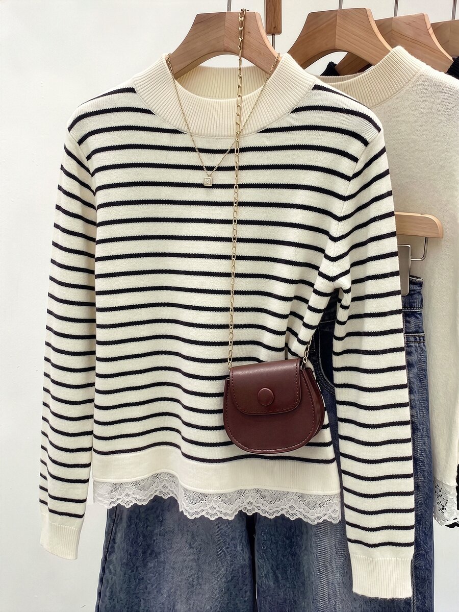 SHEIN LUNE CURVE Plus Size Women's Striped Colorblock Casual Everyday Long Sleeve Sweater - Multicolor - View 1