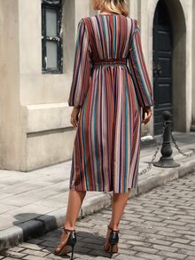 EMERY ROSE Autumn/Winter Women's Colorblock Brown And Teal Stripe V-Neck Midi Dress Lantern Long Sleeves High Waist Ruched A-Line Slimming Vintage Elegant Brunch - Multicolor - View 2