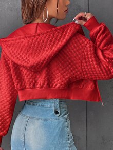 SHEIN EZwear 字母圖案落肩抽繩短版連帽衛衣，秋冬長袖上衣 - 紅色 - 查看 2