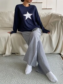 DAZY Autumn/Winter Star Pattern Loose Top And Plaid Pajama Pants Set For Women - Navy Blue - View 3