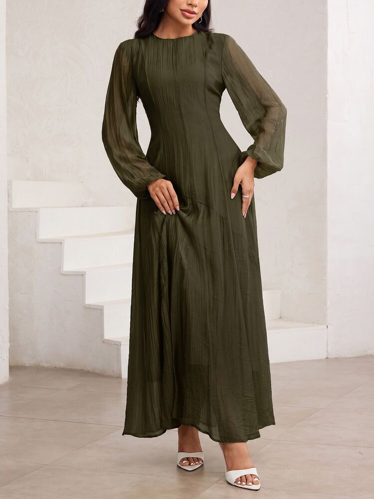 Veilorie 3/4 Sleeve High Neck Ruched Waist Elegant Versatile Dress - Army Green - View 8
