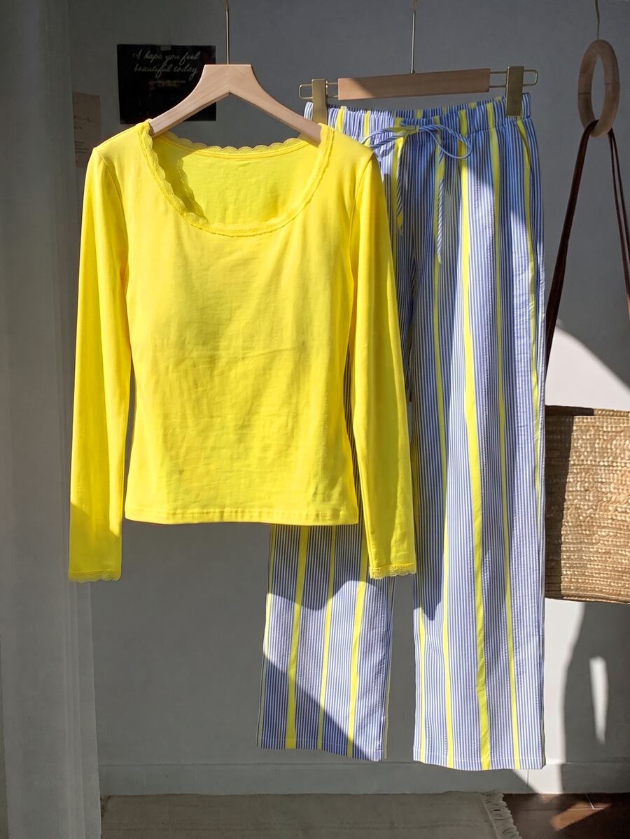 Comfortcana Women's Solid Color Contrast Lace Round Neck Long Sleeve Top And Striped Long Pants Casual Set - Yellow - View 1