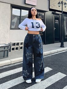 SHEIN ICON 大尺碼女款拼接休閒百搭日常牛仔褲 - 深色水洗藍 - 查看 6