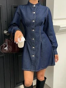 Siren Gaze Women's Long Sleeve Single-Breasted Casual Denim Dress, Fall Winter Elegant Denim Dress For Women, Stand Collar Mini Dress, Office Wear, Cute Dress. - Blue - View 5