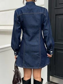 Siren Gaze Women's Long Sleeve Single-Breasted Casual Denim Dress, Fall Winter Elegant Denim Dress For Women, Stand Collar Mini Dress, Office Wear, Cute Dress. - Blue - View 2