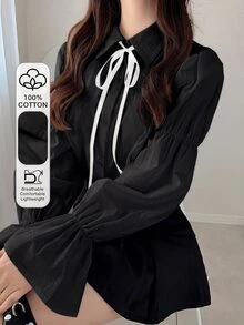 FRIFUL 女款春夏全棉拼接配色抽繩長袖寬鬆休閒百搭襯衫可愛上衣 - 黑色 - 查看 1
