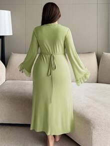 Dazy Plus Jubah Wanita Ukuran Besar Elegan Berwarna Ungu dengan Kerah Berenda dan Lipatan Panjang, Cocok untuk Musim Semi, Musim Panas, dan Musim Gugur. - Mint Green - View 2