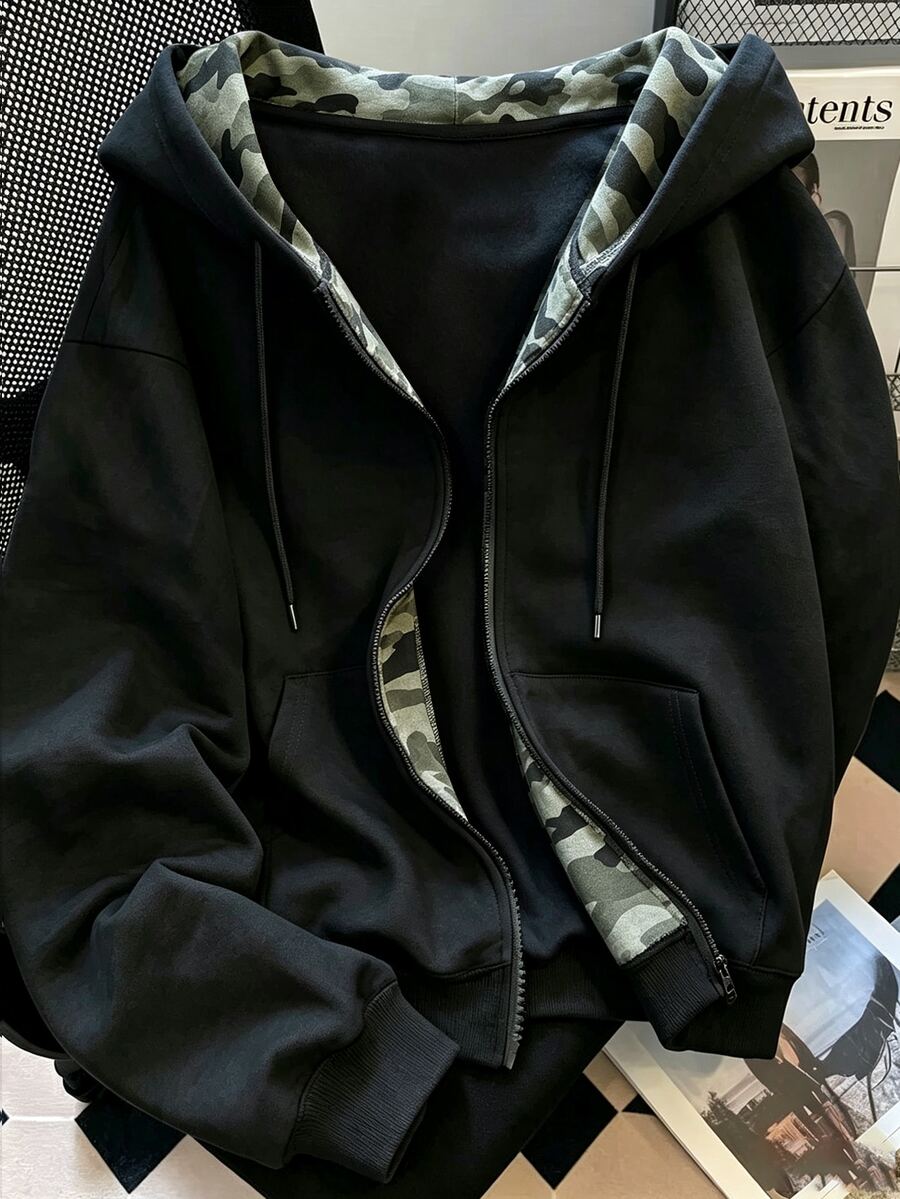 Resyla 女款外套上衣,秋冬新款,雙層連帽拉鍊運動衫,黑色迷彩拼接,寬鬆慵懶休閒,街頭通勤夾克 - 黑色 - 查看 1