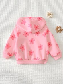 SHEIN Baby Girls Tops Knit Pink Floral Print Long Sleeve Pullover Hooded Drop Shoulder Sweatshirt Autumn/Winter Fall Party Family Cute Matching - Multicolor - View 2