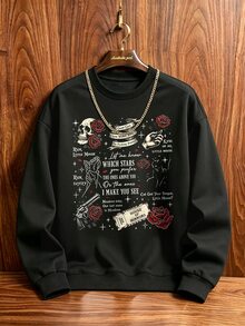 Manfinity Dauomo Plus Size Dark Graphic Goth Streetwear Crew Neck Sweatshirt Cat Mouse Duet Slogan Autumn Casual Pullover Couple Style Halloween Black And Red Holiday Rave - Multicolor - View 3