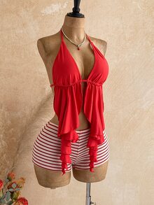 Soleia Bohemian Crochet Beach Shorts, Festival Style High Waist Woven Summer Vacation Casual Beach Pants, Mini Hot Pants Plus Women's Vacation Solid Color Asymmetric Hem Sexy Camisole Top Summer - Red - View 10