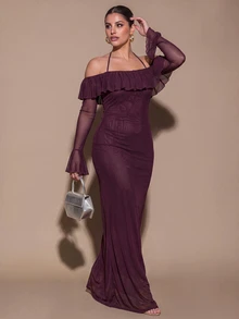 SHEIN BAE CURVE 大尺碼女款長袖紫色露背掛脖洋裝 - 紫色 - 查看 4