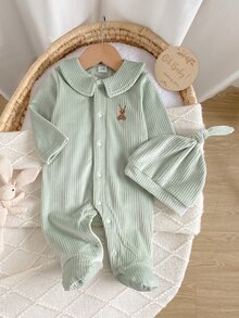 SHEIN 新生兒嬰兒春秋冬季羅紋連身衣，附可愛毛帽設計，深受孩子喜愛，舒適柔軟親膚面料製成，適合兒童居家穿著，提供舒適睡眠與健康成長 - 綠色 - 查看 2