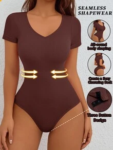SHEIN 女款純色休閒日常短袖塑形連身褲 - 巧克力棕 - 查看 1