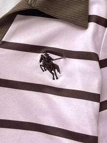 SHEIN Tween女孩秋冬休閒優雅復古學院風粉色與棕色條紋POLO領抓皺腰長袖修身T恤，適合返校、秋冬出遊、日常穿著 - 粉色 - 查看 4