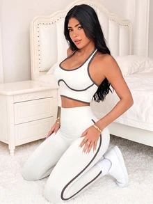 SHEIN Sports 女款拼色滾邊露背掛脖上衣與緊身褲運動套裝 - 淺灰色 - 查看 4