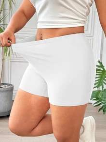 SHEIN EZwear 大尺碼女款純色休閒百搭日常穿著緊身內搭短褲 - 黑與白 - 查看 6