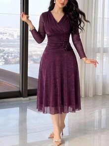 Feyla Women's V-Neck 3D Floral Decor Casual Elegant Party Dinner Date Diner Long Dress Wedding Dark Purple Autumn - Purple - View 2
