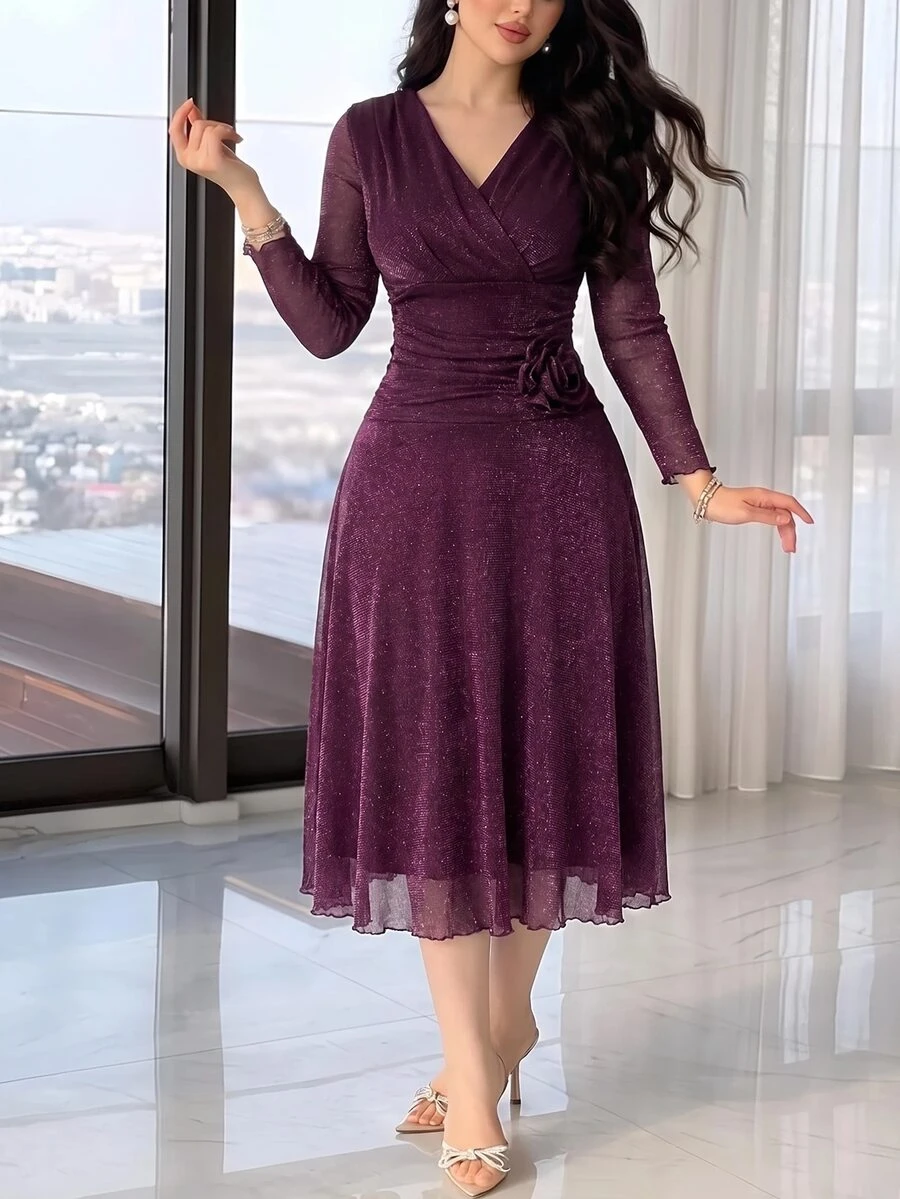 Feyla Women's V-Neck 3D Floral Decor Casual Elegant Party Dinner Date Diner Long Dress Wedding Dark Purple Autumn