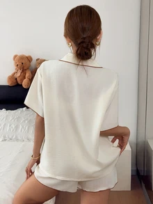 Napfluff Minimalist Contrast Trim Pajamas, Cute Bowknot Short Sleeve 2 Pieces Set - Apricot - View 2
