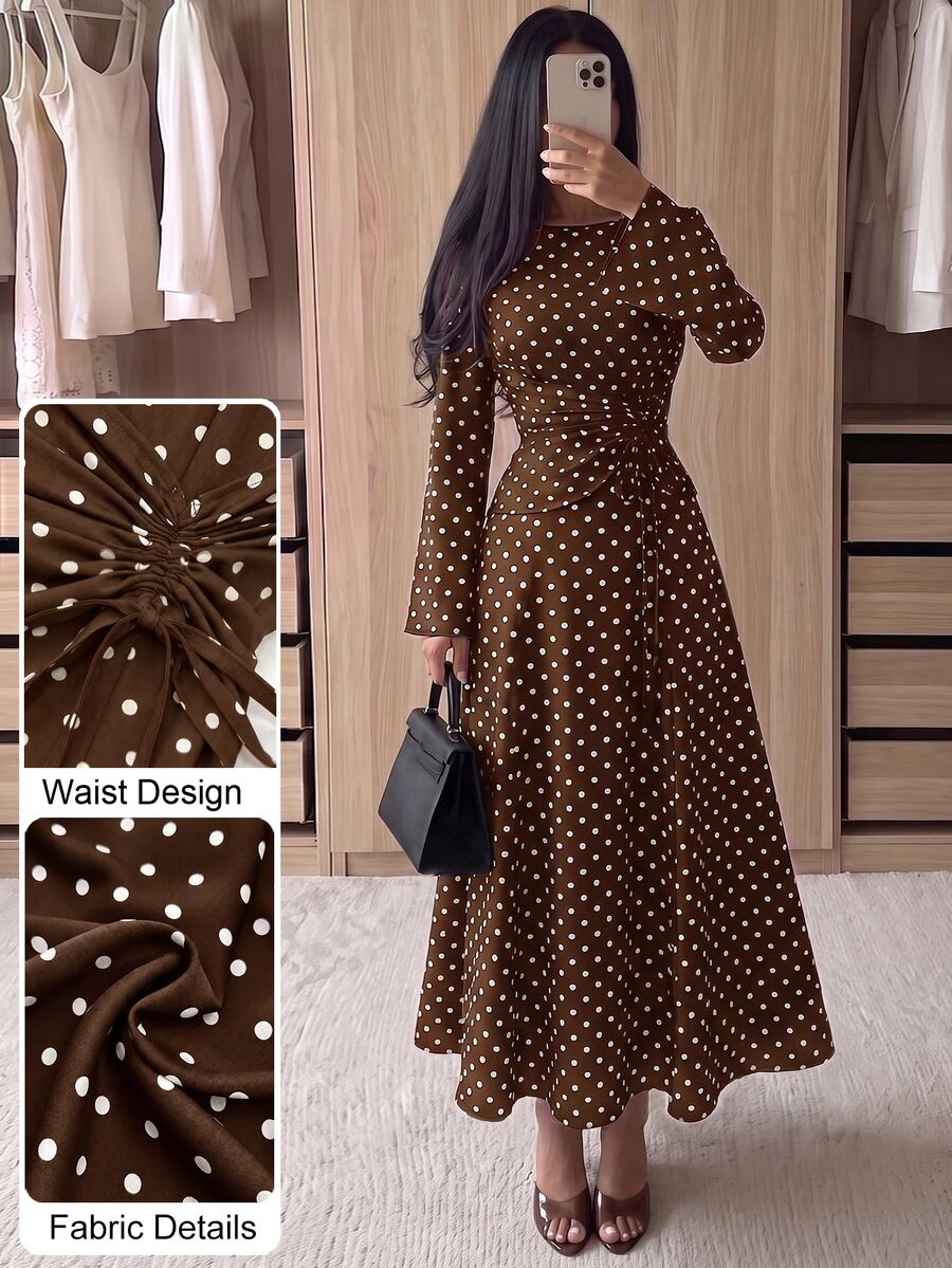 Modelyn Spring/Autumn French Style Commuter Elegant Polka Dot Cinched Cinched Waist Pleated Drawstring Flare Sleeve Long Dress For Women - Coffee - View 1
