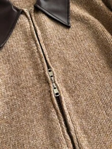 Grovea Plus Size Leather Collar Zipper Long Sleeve Knit Cardigan Drop Shoulder Knit Jacket Top, Autumn/Winter - Khaki - View 7