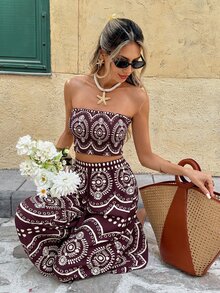 SHEIN Frenchy 女款全印花抹胸上衣與長褲休閒日常兩件套 - 中紫紅色 - 查看 6