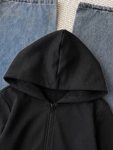 青少年女孩休閒運動風灰色小馬刺繡裝飾連帽開襟運動衫 - 黑色 - 查看 4