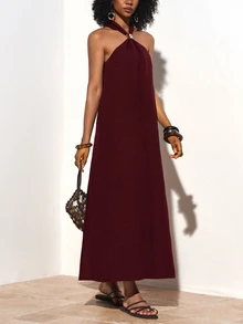 Zivah Women's Solid Color Halter Neck Long Dress For Vacation And Casual Wear - Rose Red - View 11