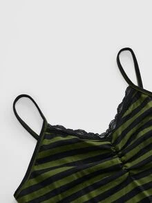 ROMWE Women's Lace Trim Striped Casual Versatile Daily Wear Camisole Tank Top - Army Green - View 3