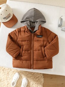 SHEIN معطف شتوي مبطن سميك للأطفال والأولاد الصغار، مريح وفضفاض وعملي، بلون سادة متعدد الاستخدامات، بغطاء رأس وسحاب - بني - مشاهدة 7