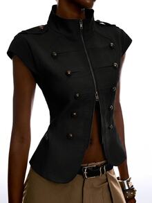 LYSMO Women's Street Style Double-Breasted Zipper Jacket - Navy Blue - View 5