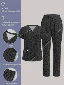 TaskEZ Scrub Set With Retro Contrast Color Leopard Print, Suitable For Work, Commuting, Pet Hospital And Other Occasions. - Multicolor - View 1