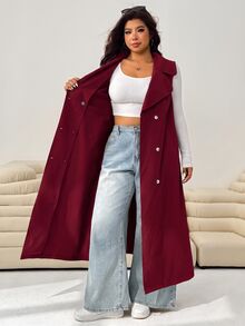 SHEIN EZwear 酒紅色休閒女款大尺碼雙排扣風衣外套 - 酒紅色 - 查看 7