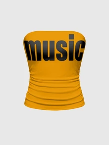 ROMWE Grunge Punk Dark Punk Music Print Yellow Bandeau Top For Women - Yellow - View 1