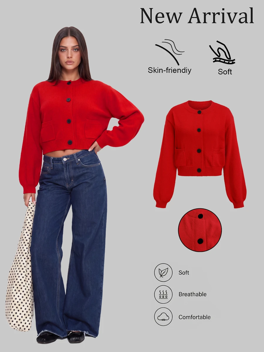 Sweetra Cardigan Rajut Wanita Lengan Panjang Kancing Tunggal dengan Kantong - Merah - View 1