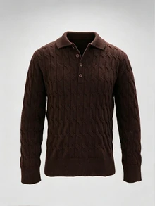 TONEVAULT Men's Cable Knit Polo Collar Long Sleeve Casual Sweater - Brown - View 7