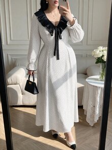 Vibekara New Elegant Fashion Minimalist Commuter Style Contrast Color Wide Ruffle Collar Puff Long Sleeve Dress, Vacation Polka Dot Element Patchwork Contrast Color Dress - Multicolor - View 3