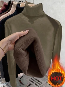 Franclia European & American Autumn/Winter Fashion All-Match Versatile High Neck Thick Fleece One-Piece Slim Fit Long Sleeve Knit Inner Layer Base Layer - Mocha Brown - View 1