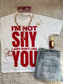IslaSuriya Plus Size Women's Letter Print Casual Versatile Daily Short Sleeve T-Shirt - Multicolor - View 1