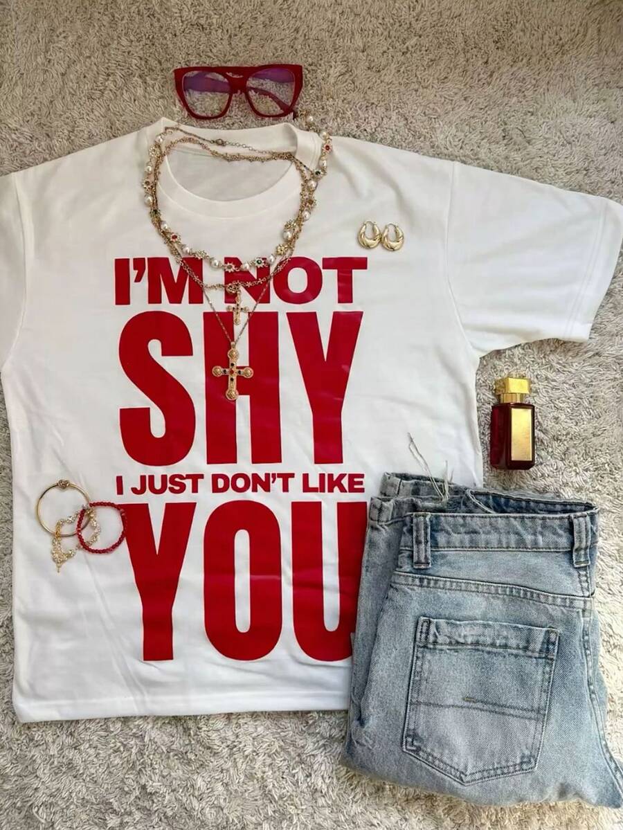 IslaSuriya Plus Size Women's Letter Print Casual Versatile Daily Short Sleeve T-Shirt - Multicolor - View 1