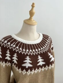 Elamini Sweater Wanita Kerah Bulat Jacquard Motif Pohon Natal Fair Isle Bergaya Vintage - MultiWarna - View 3