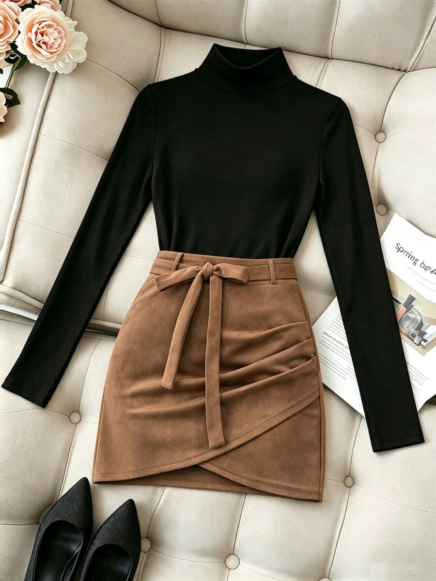 SHEIN 女款純色立領長袖上衣與迷你裙休閒套裝 - 彩色 - 查看 1