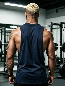 Gym Rark 男士槓鈴印花無袖背心，寬鬆版型運動訓練上衣，夏季籃球球衣，健身房適用 - 藏蓝色 - 查看 2