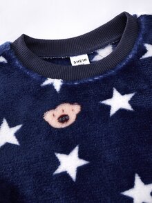 SHEIN 2件組男嬰卡通熊與星星圖案針織軟絨圓領長袖套頭上衣與鬆緊腰長褲套裝，秋季睡衣居家服2件套 - 寶藍色 - 查看 7